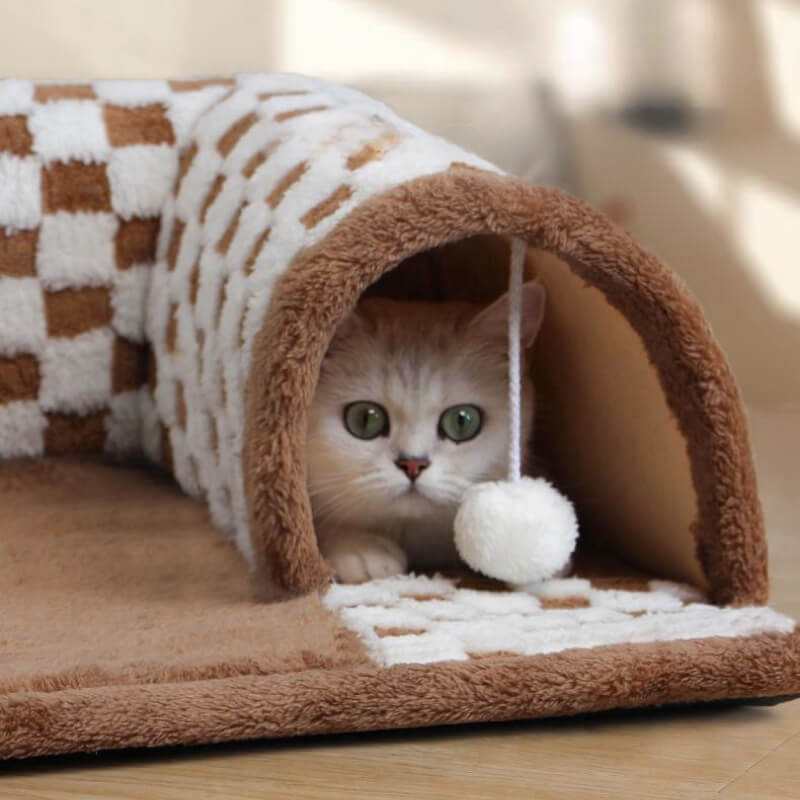 2-in-1 Funny Plush Plaid Cat Tunnel Cat Bed