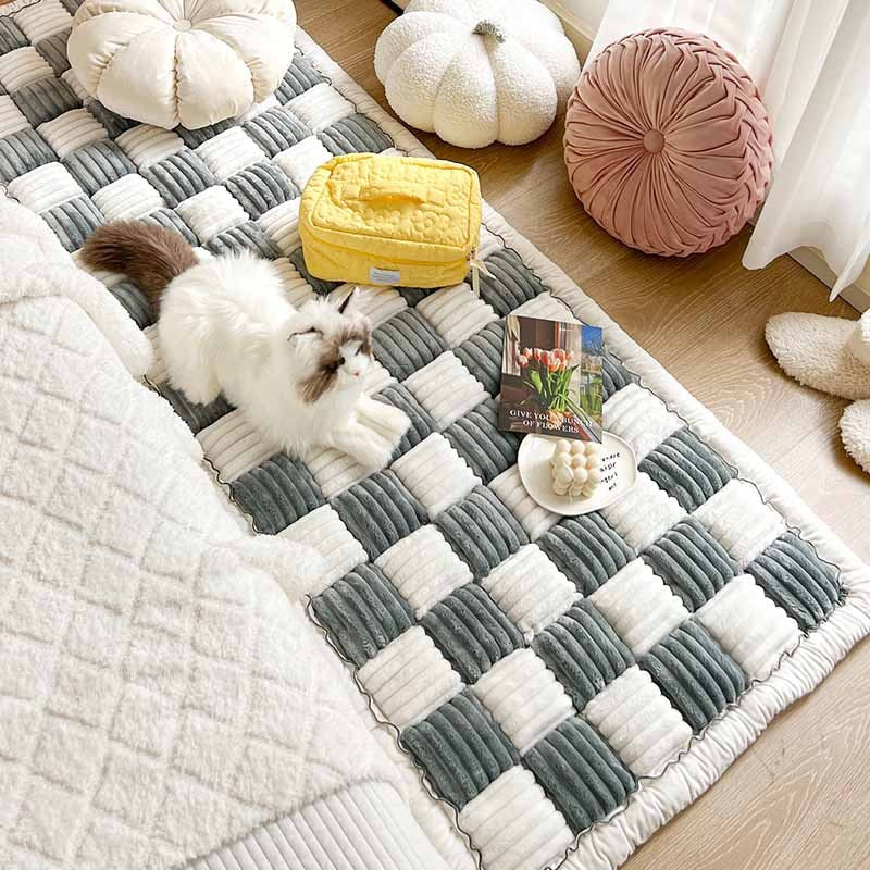 Cream-colored Large Plaid Square Fuzzy Pet Dog Mat Bed Corner Couch Cover