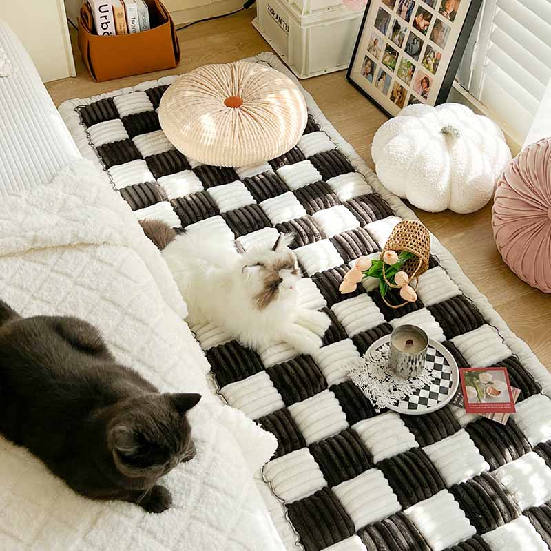 Cream-colored Large Plaid Square Fuzzy Pet Dog Mat Bed Corner Couch Cover