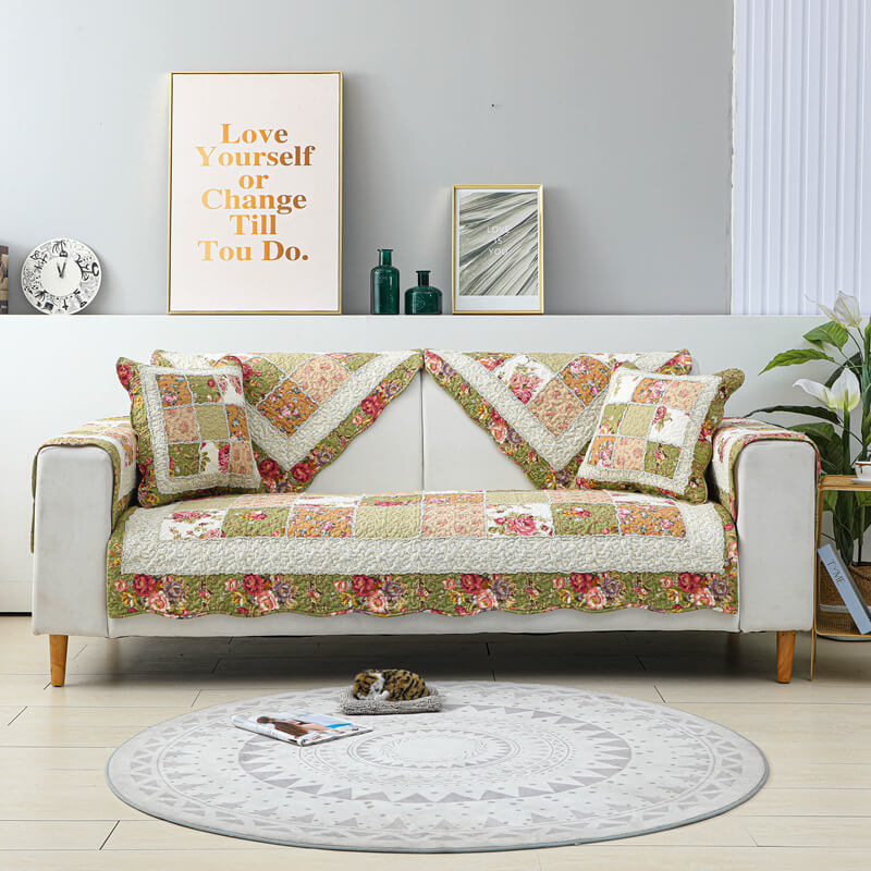 Vintage Flower Plaid Cotton Sofa Cover