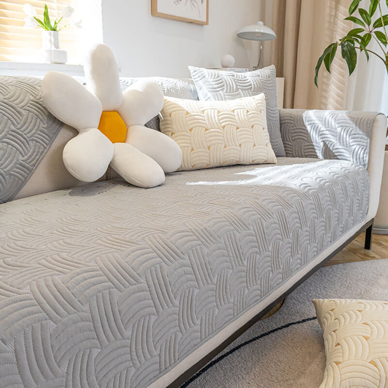 Weave Pattern Cotton Quilted Sectional Sofa Cover