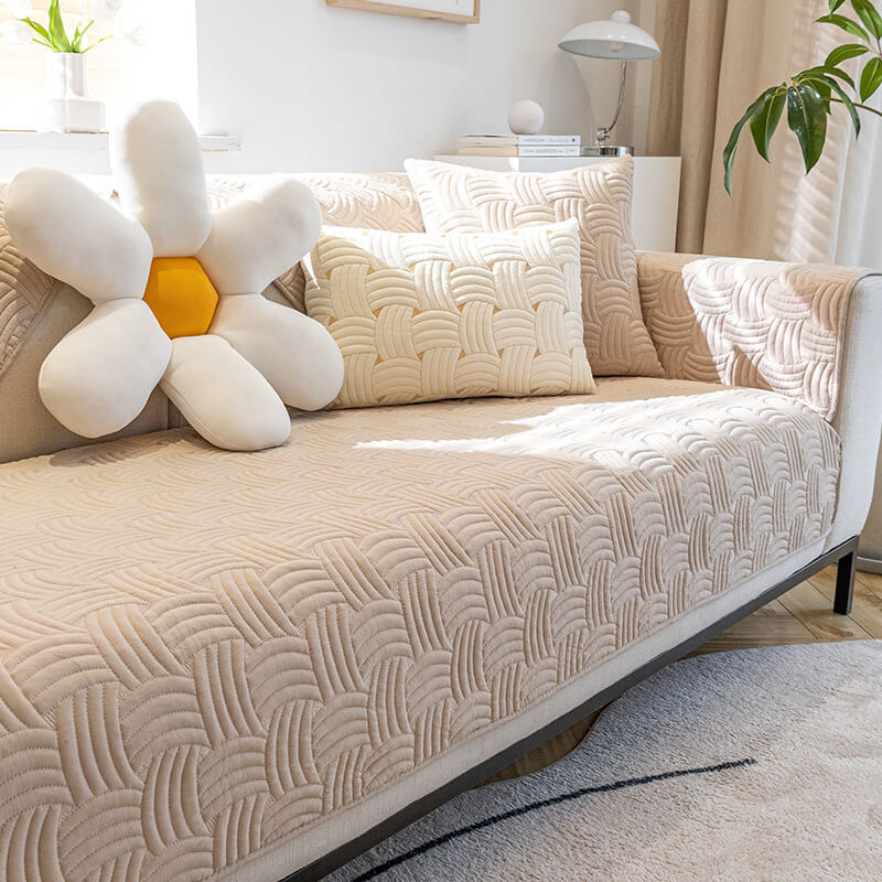 Weave Pattern Cotton Quilted Sectional Sofa Cover